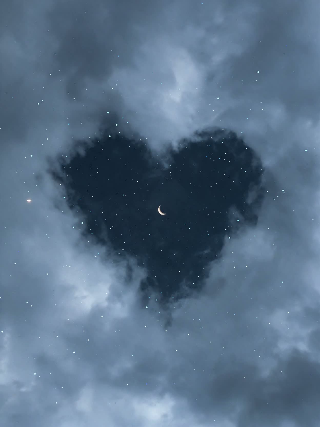 A heart-shaped opening in soft blue clouds, with a crescent moon and sparkling stars
