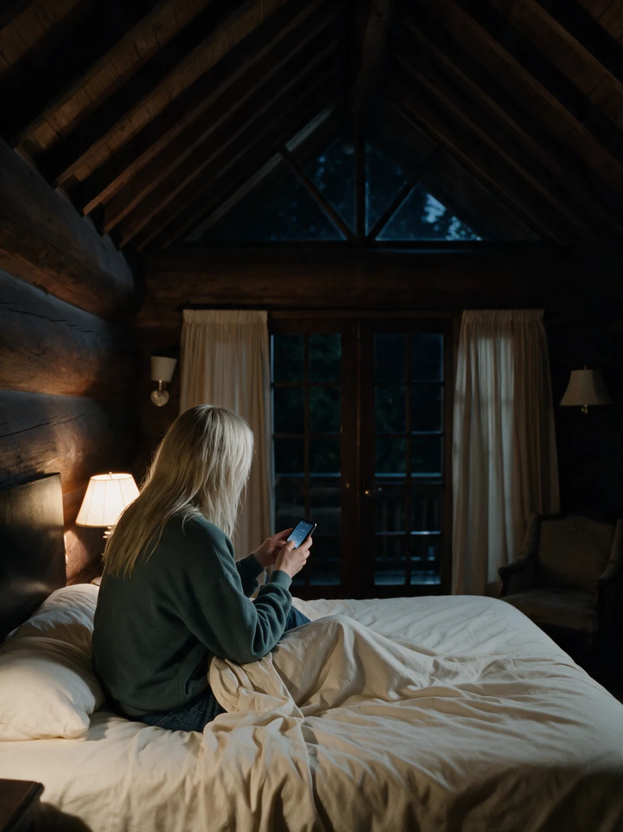 Rory sits on her bed in the dim timber bedroom, holding her phone.