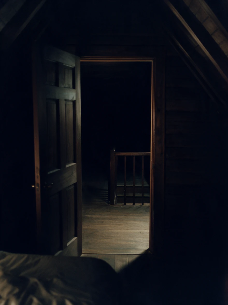 Rory’s view through the bedroom door toward the dark landing and stairs down.